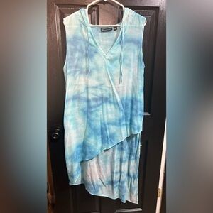 New York & Company Aqua Sheer Sleeveless Hooded Blouse